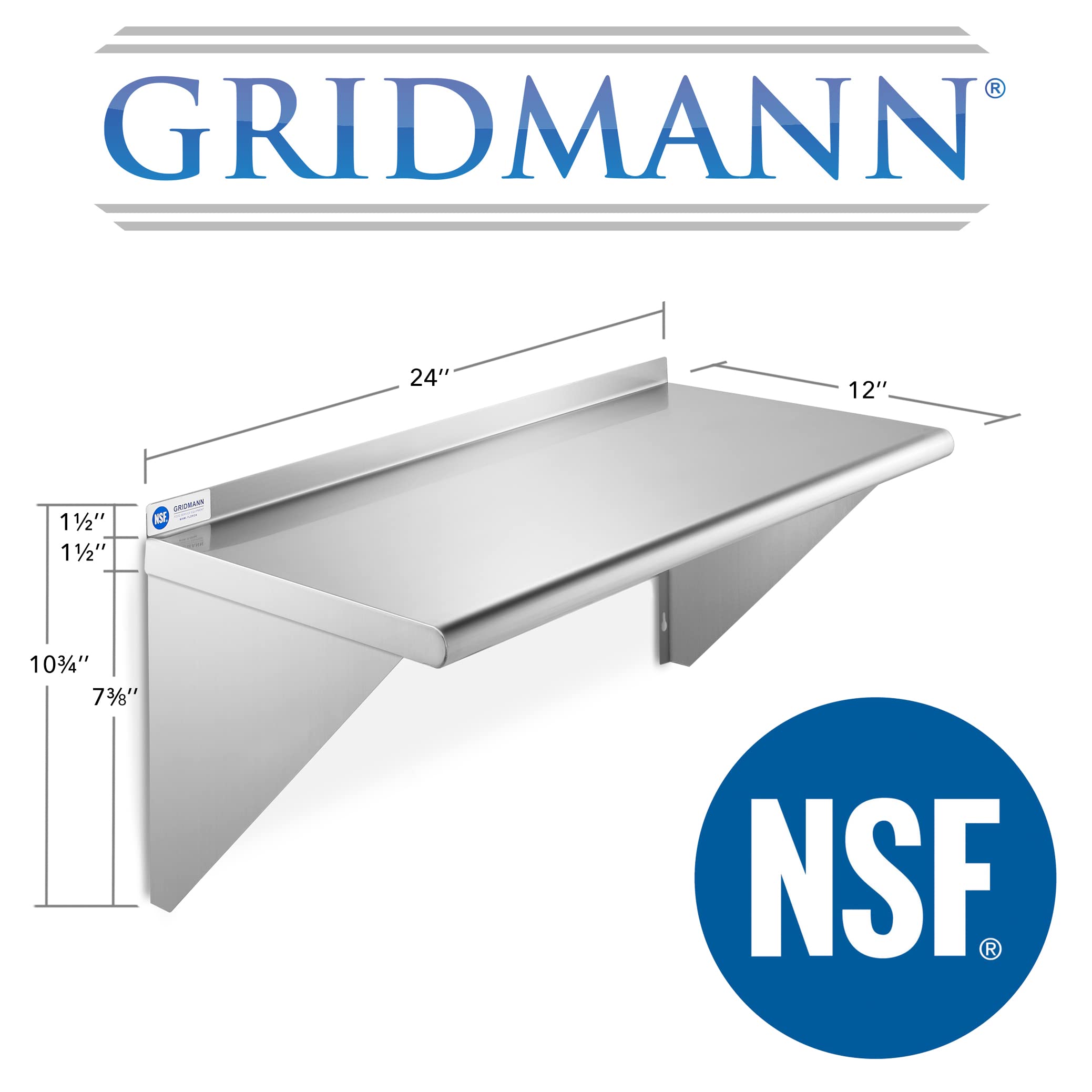 GRIDMANN 12'' x 24'' Stainless Steel Wall Mount Shelf with Backsplash  16 Gauge  Commercial Grade - NSF Certified - Shelving for Restaurant  Kitchen  Utility Room  Garage