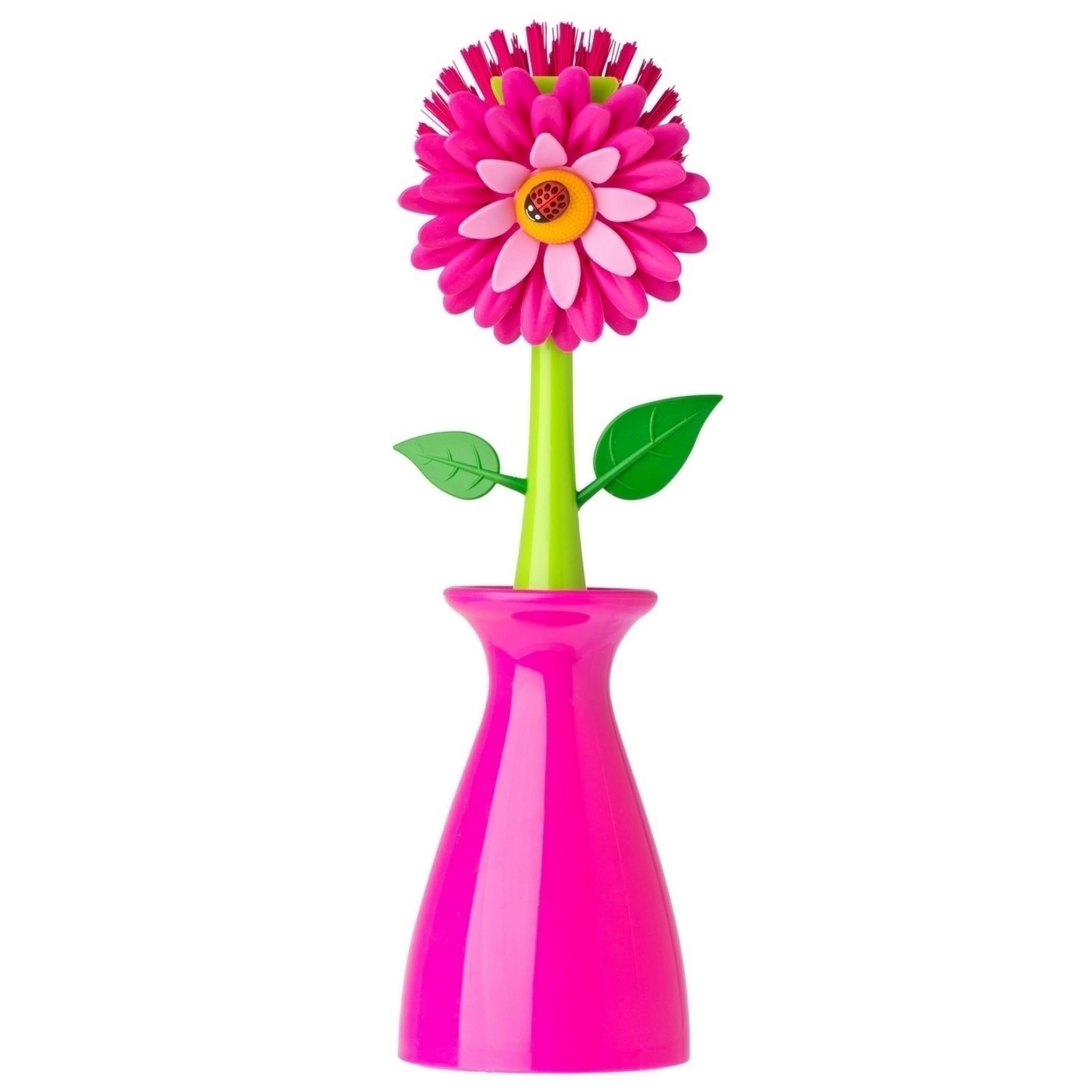 Vigar Flower Power Pink Dish Brush With Vase, 10-Inches, Pink, Green