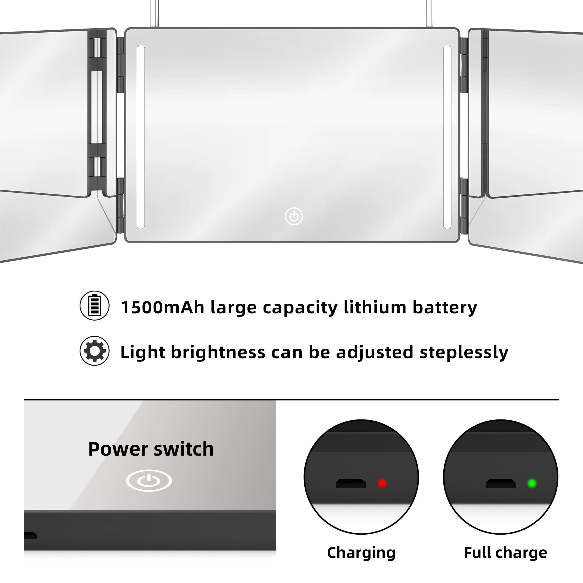 Glddao 3 Way Mirror For Self Hair Cutting With Lights,Rechargeable 360 Trifold Barber Mirrors Led Makeup Mirror See Back Of Head