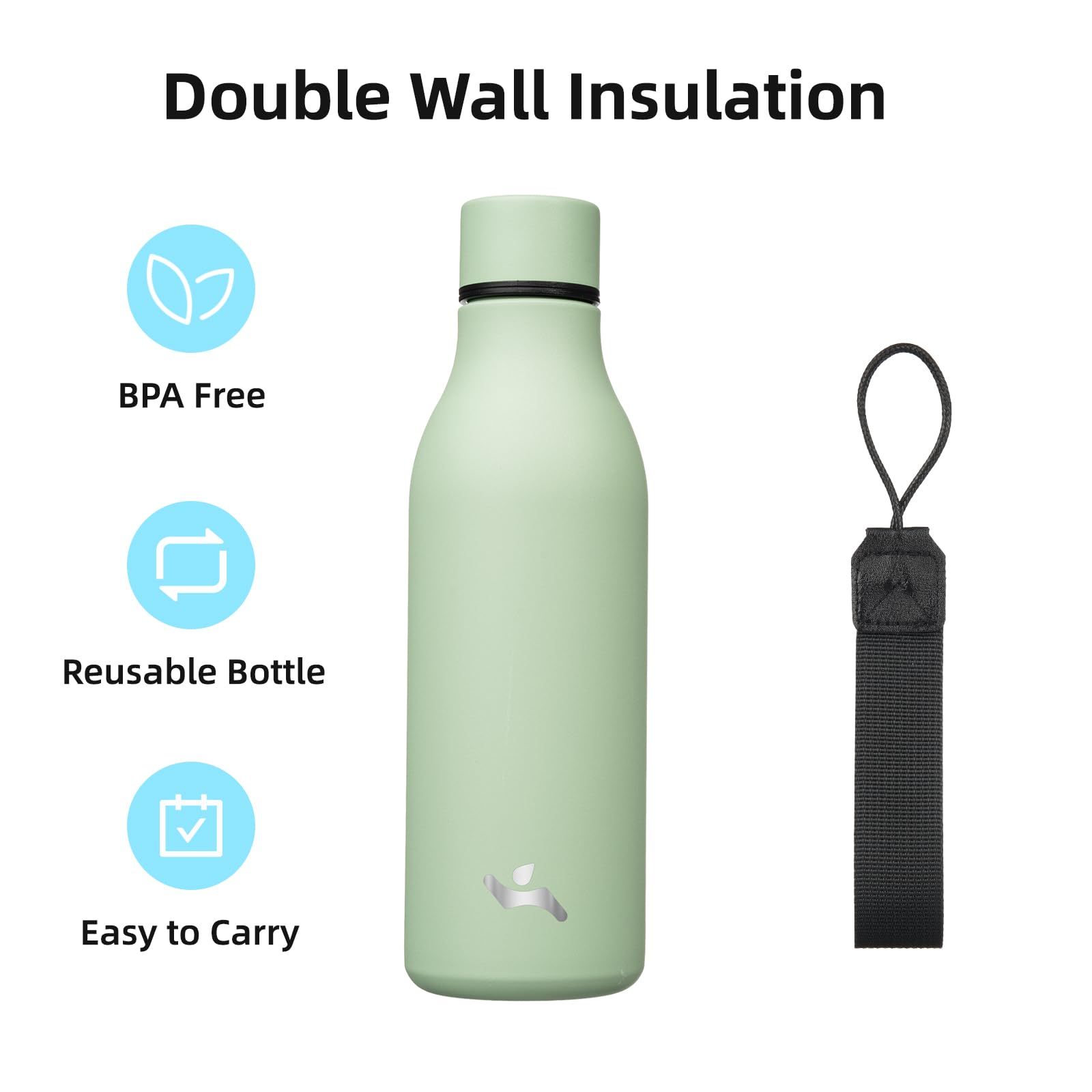Konokyo Insulated Water Bottle With Strap,18 Oz Double Wall Stainless Steel Vacuum Bottles Metal Water Flask,Macaron Green