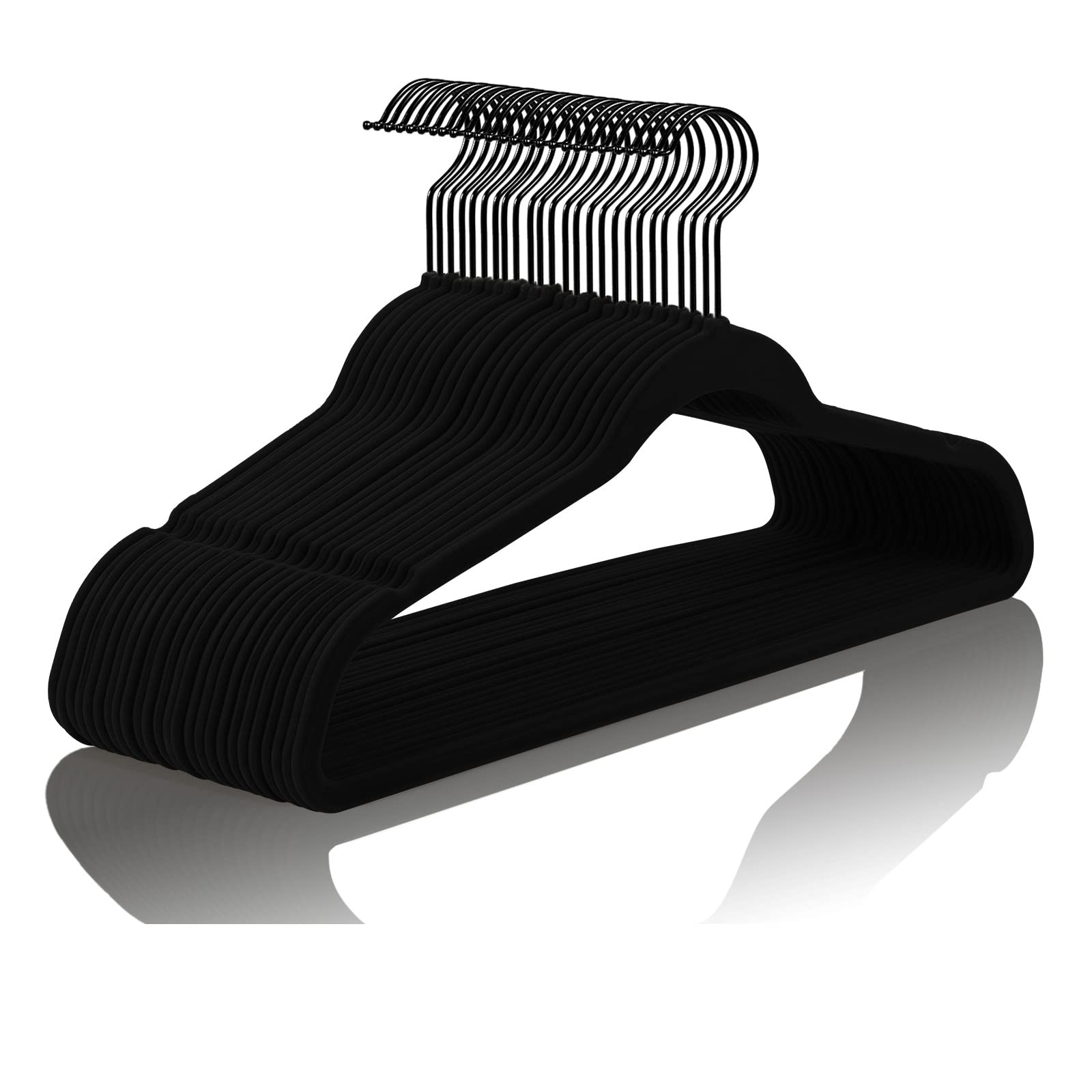 Mizgi Premium All Black Velvet Hangers With Black Hooks (50 Pack) Heavy Duty - Non Slip Felt Hangers - 360 Degree Swivel,Space S