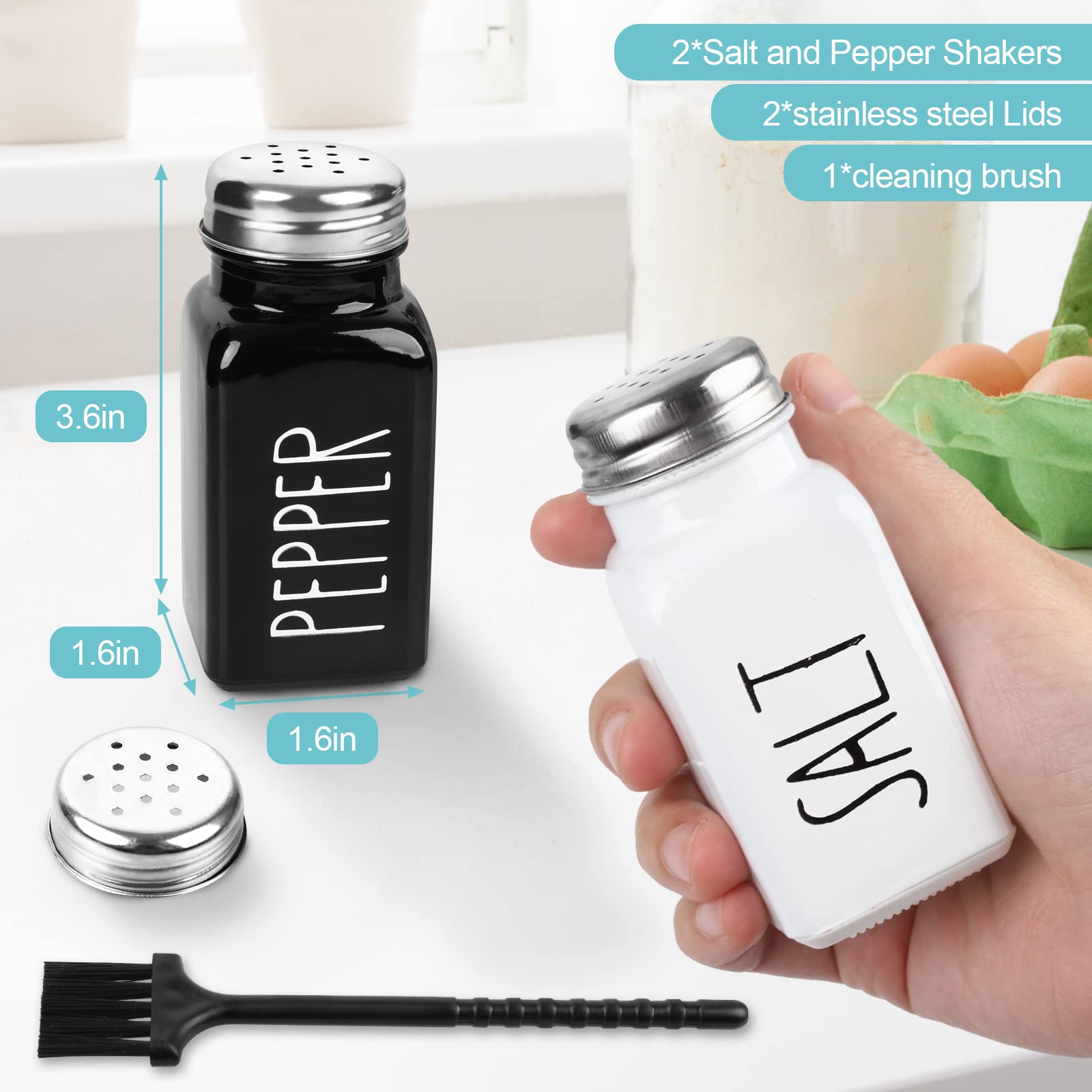 PECULA 2 Pack Salt and Pepper Shakers Set, Glass with Stainless Steel Lid, 4.72 inch, Black and White, Modern Farmhouse Style