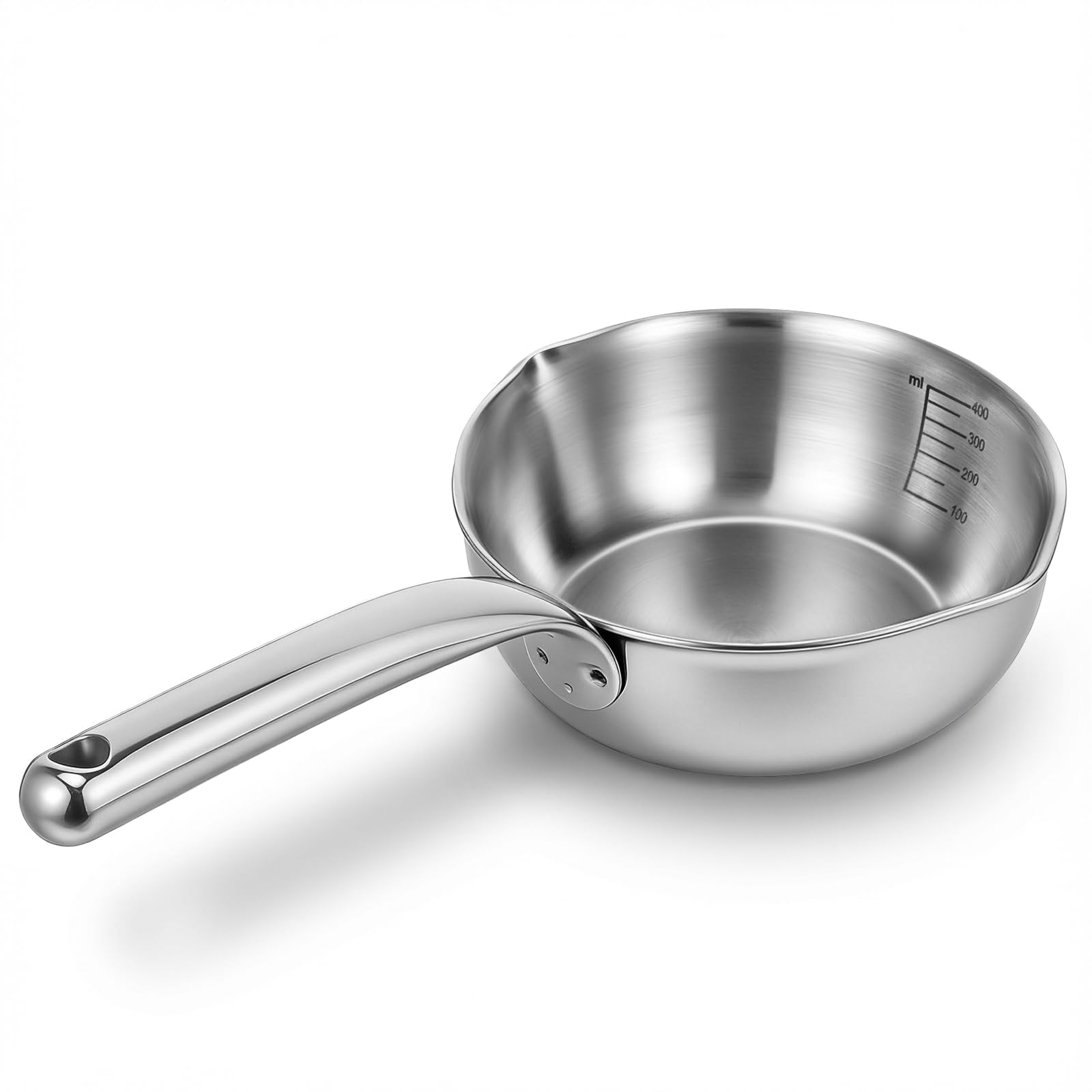 13.5 fl oz (400ml) 18/10 Stainless Steel Butter Warmer Measuring Pan, 3Ply Saucepan with Dual Pour Spouts, Small Thick Cooking 