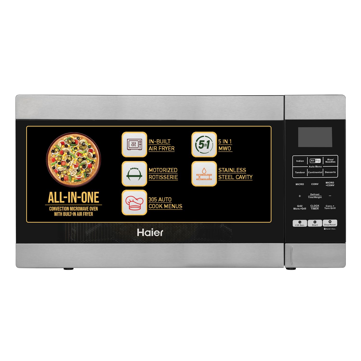 Haier 30L Convection Microwave Oven (Hil3001Arsb, Black) With In-Built Air Fryer | Motorized Rotisserie | Stainless-Steel Cavity