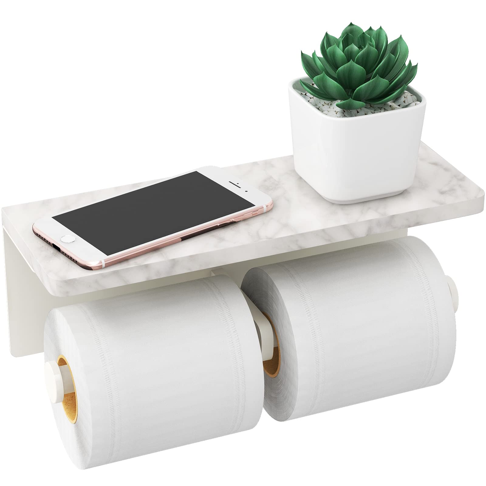 White Toilet Paper Holder With Shelf, New Upgrade Double Toilet Paper Holder With Storage, Marble Roll Toilet Paper Wall Mount F
