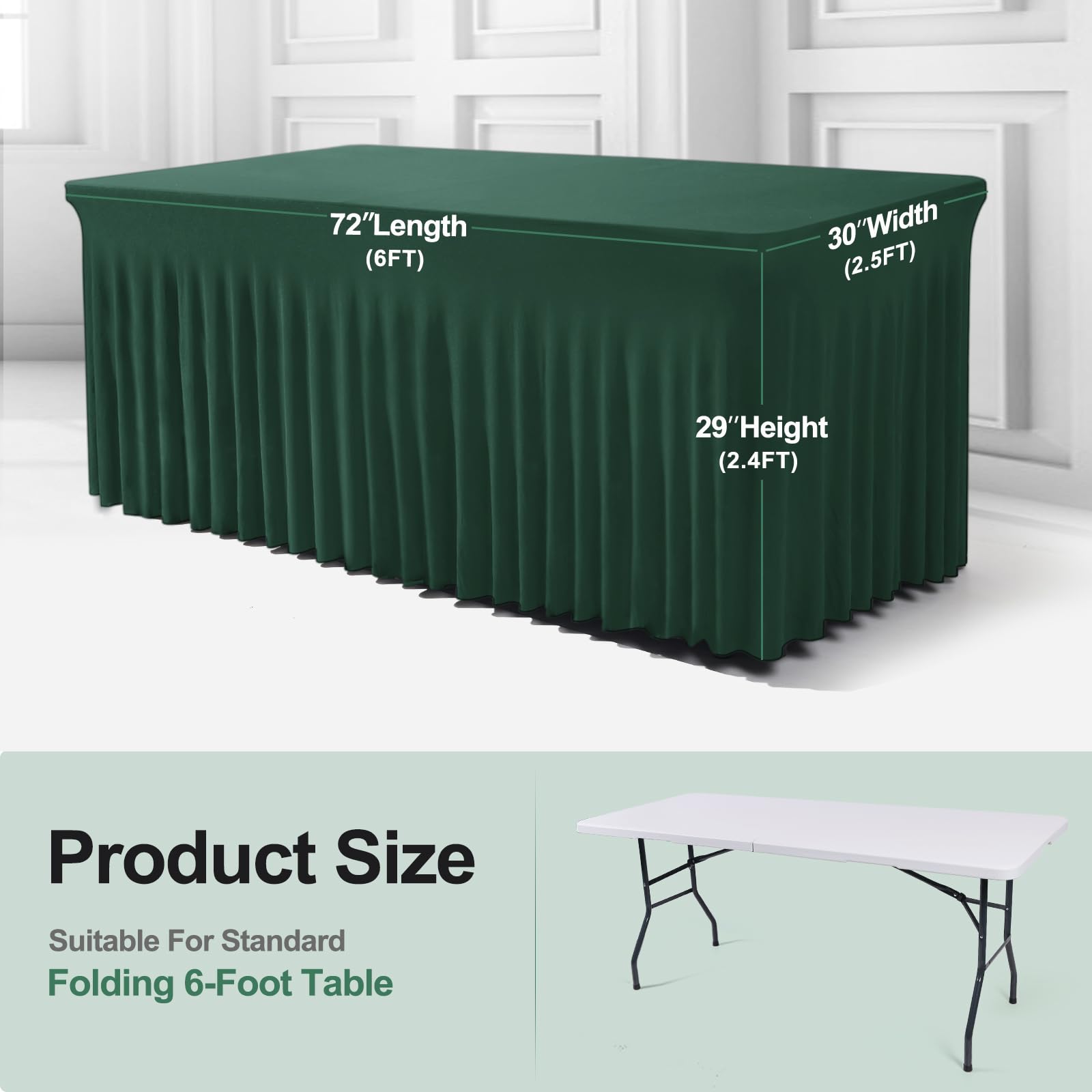 Bddc 2 Pack Table Skirts For Rectangle Tables 6Ft - One-Piece Hunter Green Table Covers For 6 Foot Tables, Wrinkle Resistant Ruf