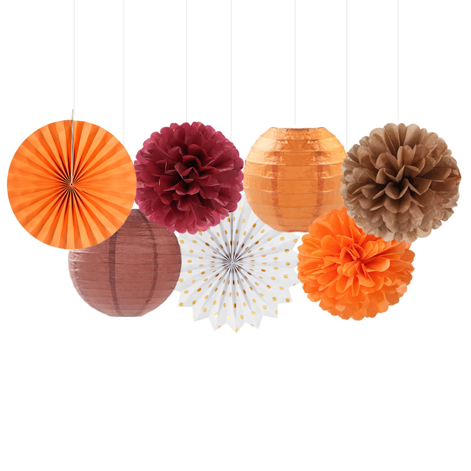 Burgundy Brown-Orange Baby-Shower Boho Party-Decorations - 20Pcs Fall Autumn Paper Lanterns Fans,Tissue Pom Poms,Honeycomb Balls