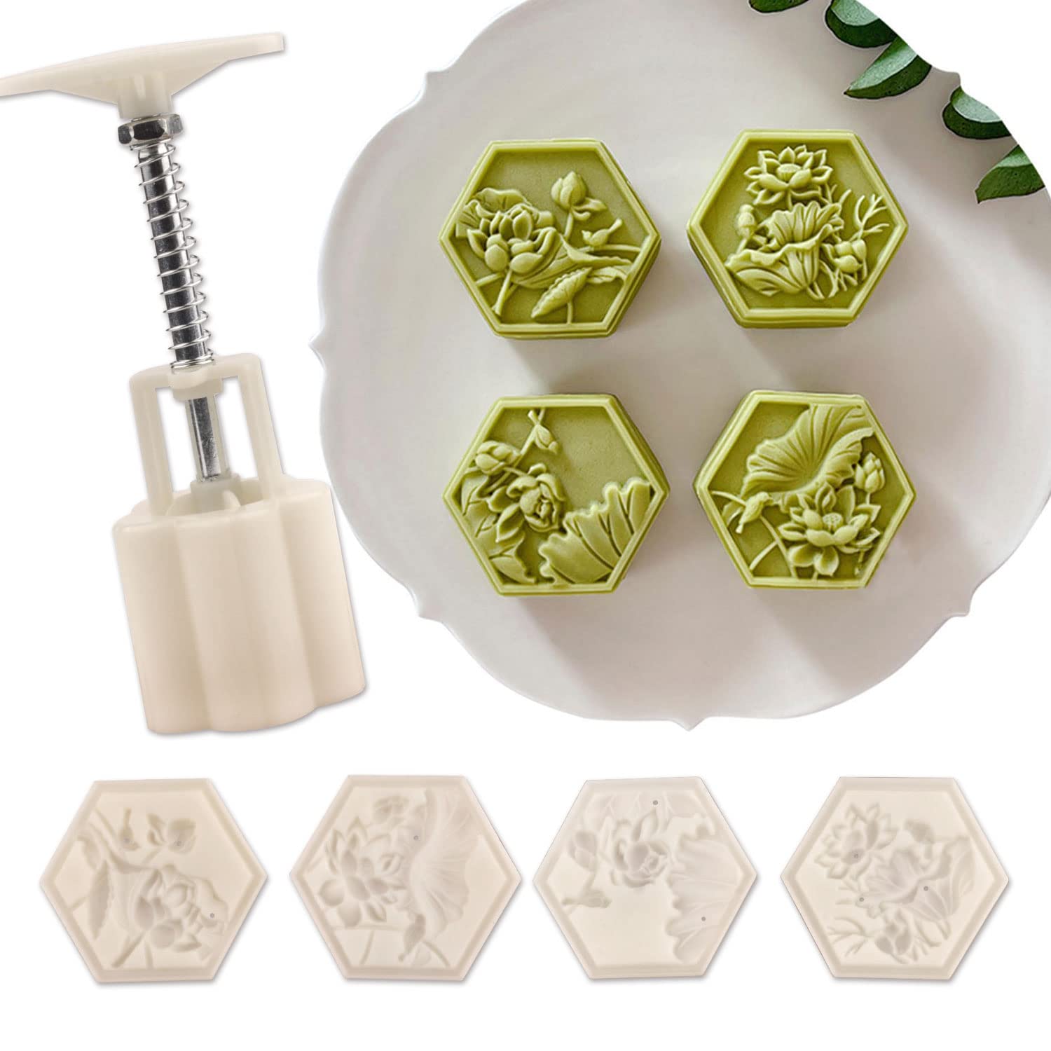 Chinese Flower Moon Cake Press Mold, Hand Pressed Mooncake Dessert Diy, Moon Cake Puff Pastry 1 Mold With 4 Stamps For Various H