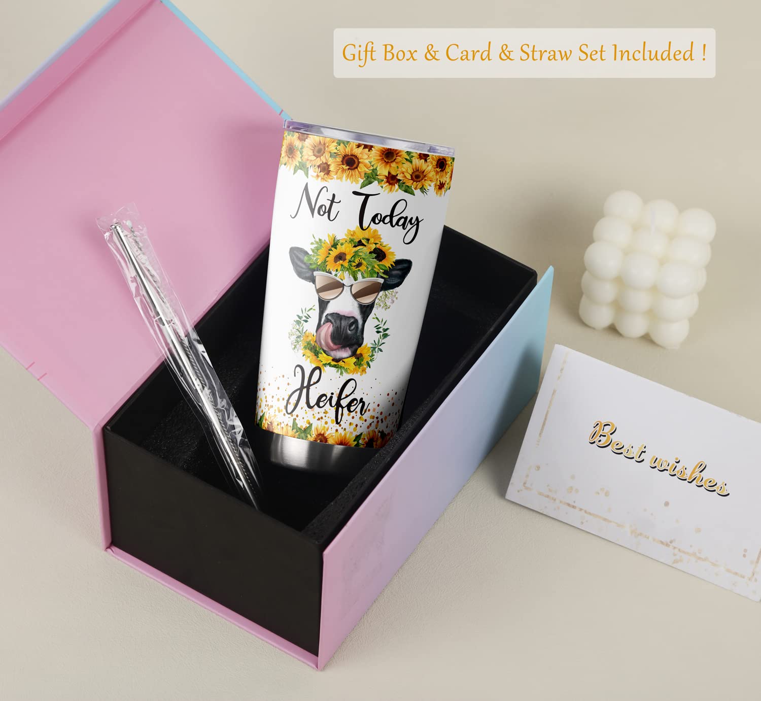 Cosictic Cow Lover Gift, Not Today Heifer Not My Pasture Not My Problem Travel Tumbler With Sunflower Cow, Gift For Heifer Cow L