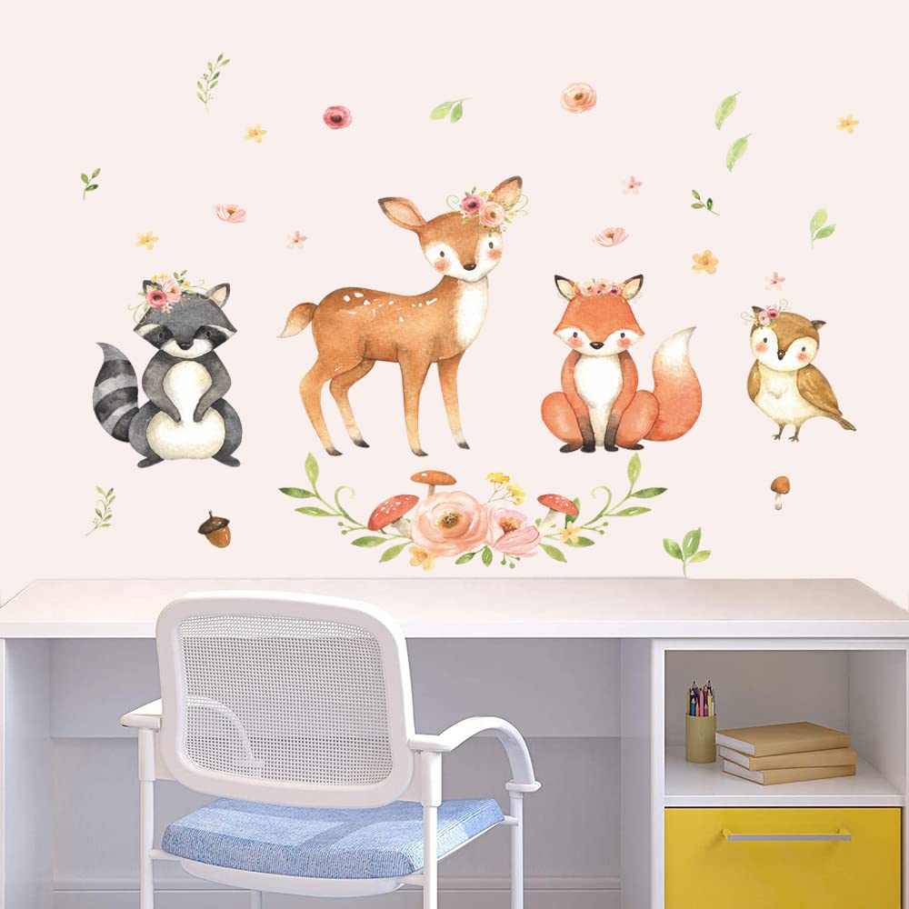 Supzone Woodland Animal Wall Decals Cartoon Animal Wall Stickers Cute Raccoon Deer Fox Owl Forest Animal Wall Decal For Kids Bab