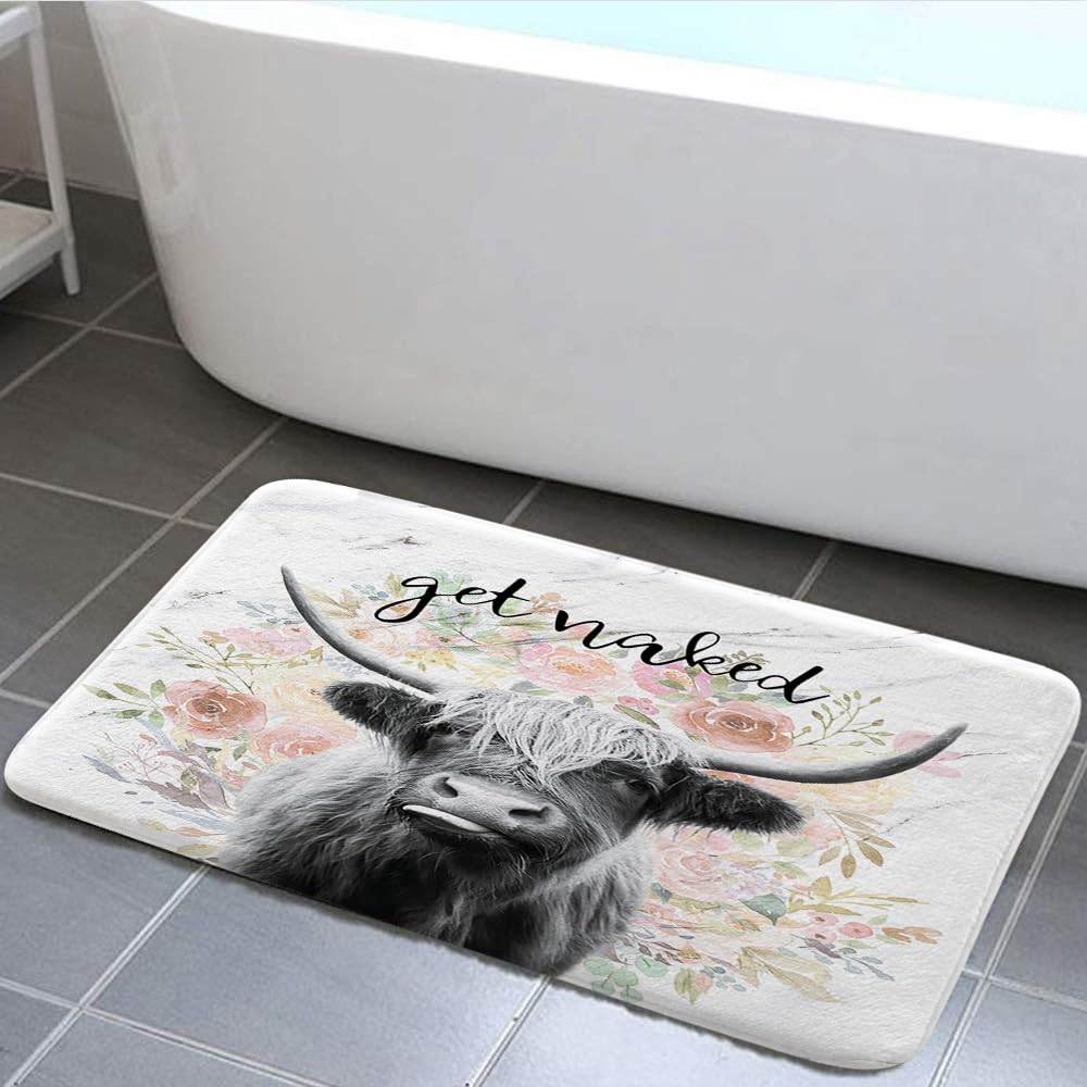 JAWO Get Naked Bath Mat for Bathroom  Farmhouse Highland Cow Bull Non-Slip Bathroom Rug  Farmhouse Bath Mat  Bathroom Accessories 17X29inches