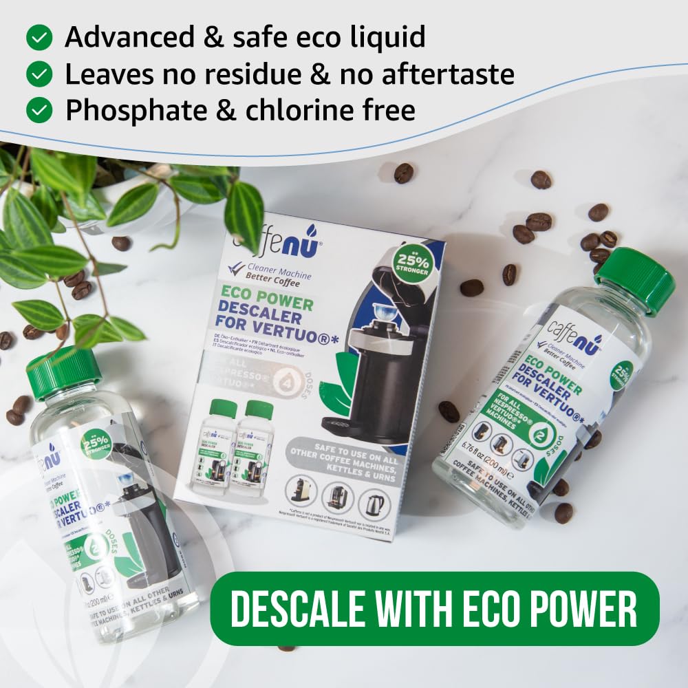 Nespresso Compatible Descaling Kit. 2 Bottles Of Vertuo Descaler Solution. Removes Limescale For Hotter Coffee. 4 Uses Descaler