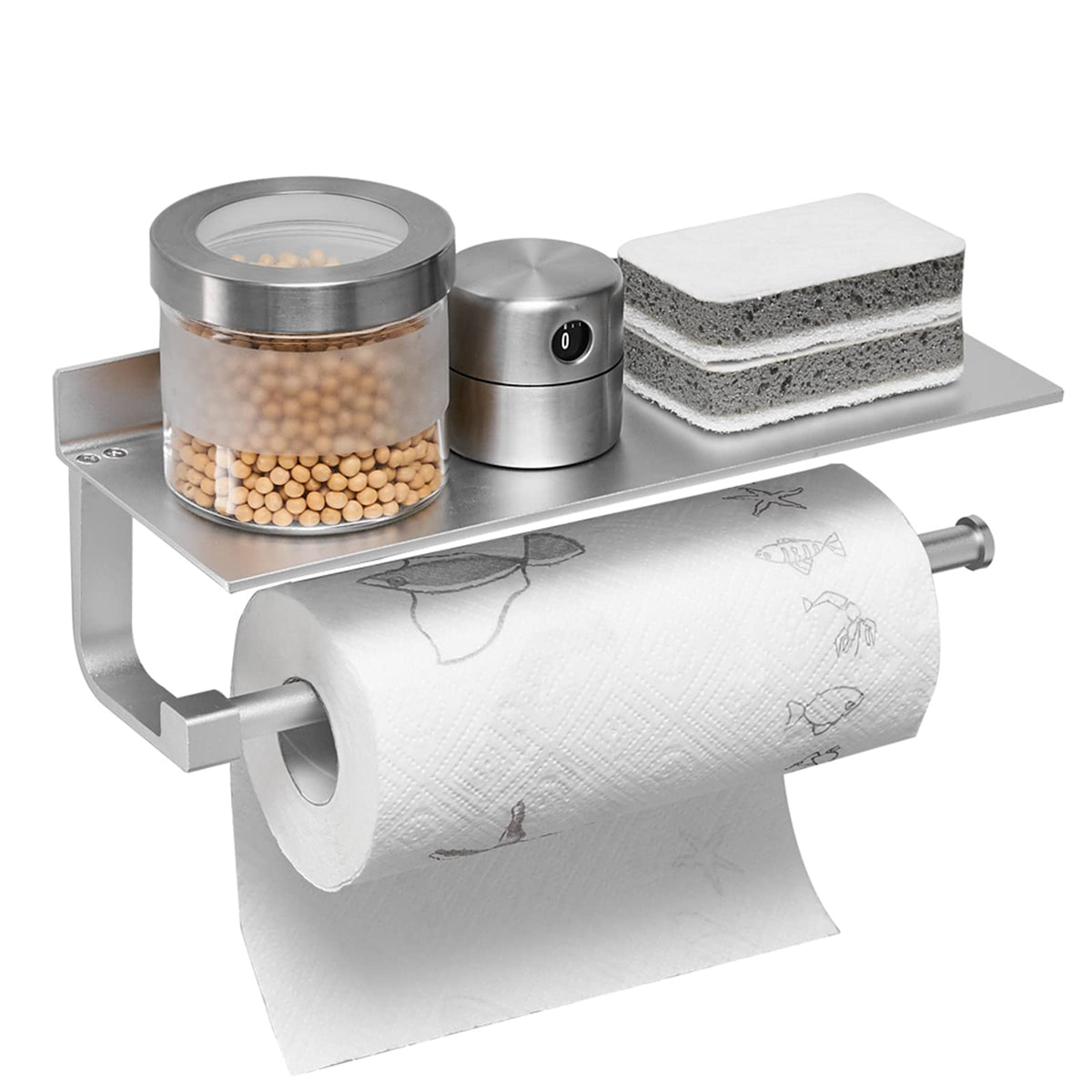 Besy Adhesive Paper Towel Holder Wall Mounted For Kitchen 13 In, Bathroom Tissue Roll Hanger With Storage Shelf, Space Aluminum,