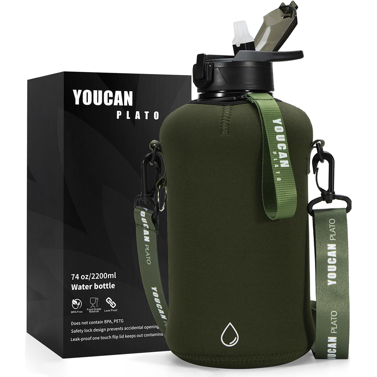 YOUCAN PLATO 64 oz Half Gallon Water Bottle with Sleeve-Large Big Gym Water Bottle with Straw- Gallon Water Jug with Handle and Bottle Brush-BPA Free-2 Liter workout bottle  Army Green