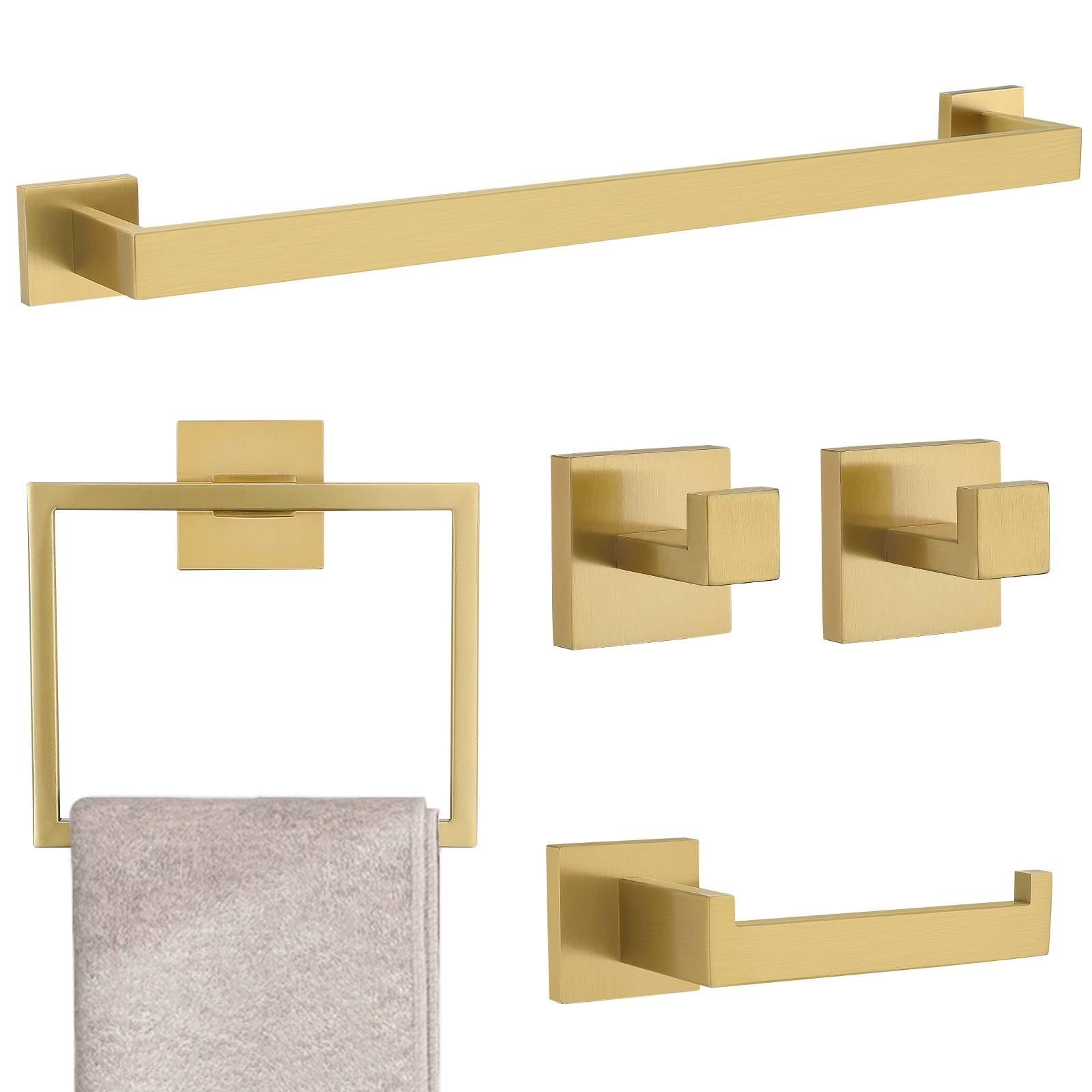 Brushed Gold 5 Pieces Bathroom Hardware Accessories Set Towel Bar Set Towel Holder Racks Set for Bathroom,SUS304 Stainless Steel