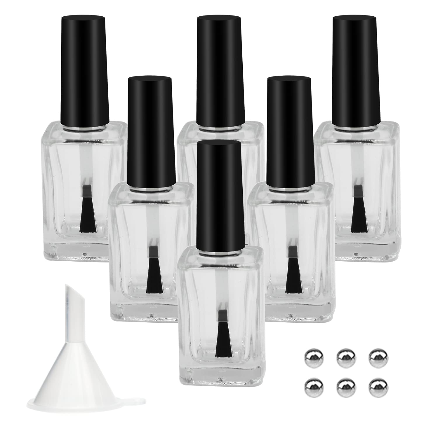 Agidea 6PCS Empty Nail Polish Bottles with Funnel, Empty Fingernail Polish Bottles Glass Rectangle with Brush & Mixing Balls Bla