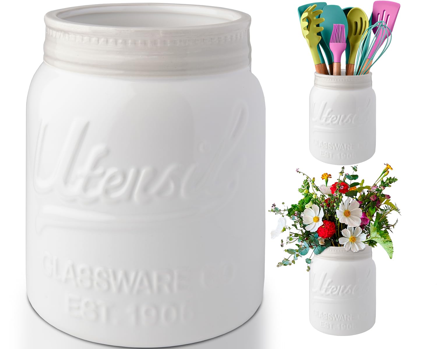 Comfify Wide Mouth Mason Jar Utensil Holder Decorative Kitchenware Organizer Crock, Chip Resistant Ceramic For Countertop - Perf