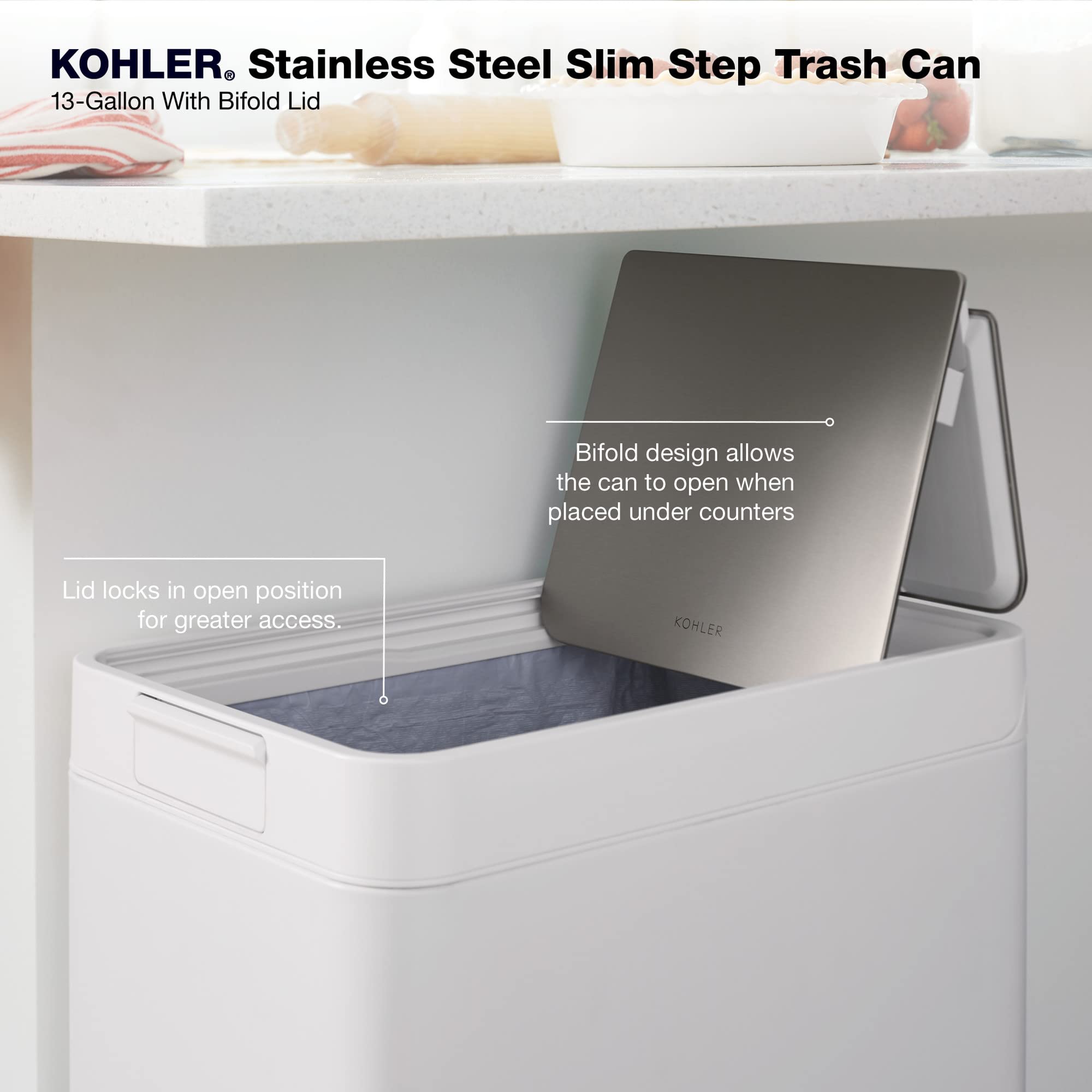 Kohler 23826-Stw 13 Gallon Elongated Kitchen Step Trash Can With Foot Pedal, Soft Close Lid, White Stainless Steel