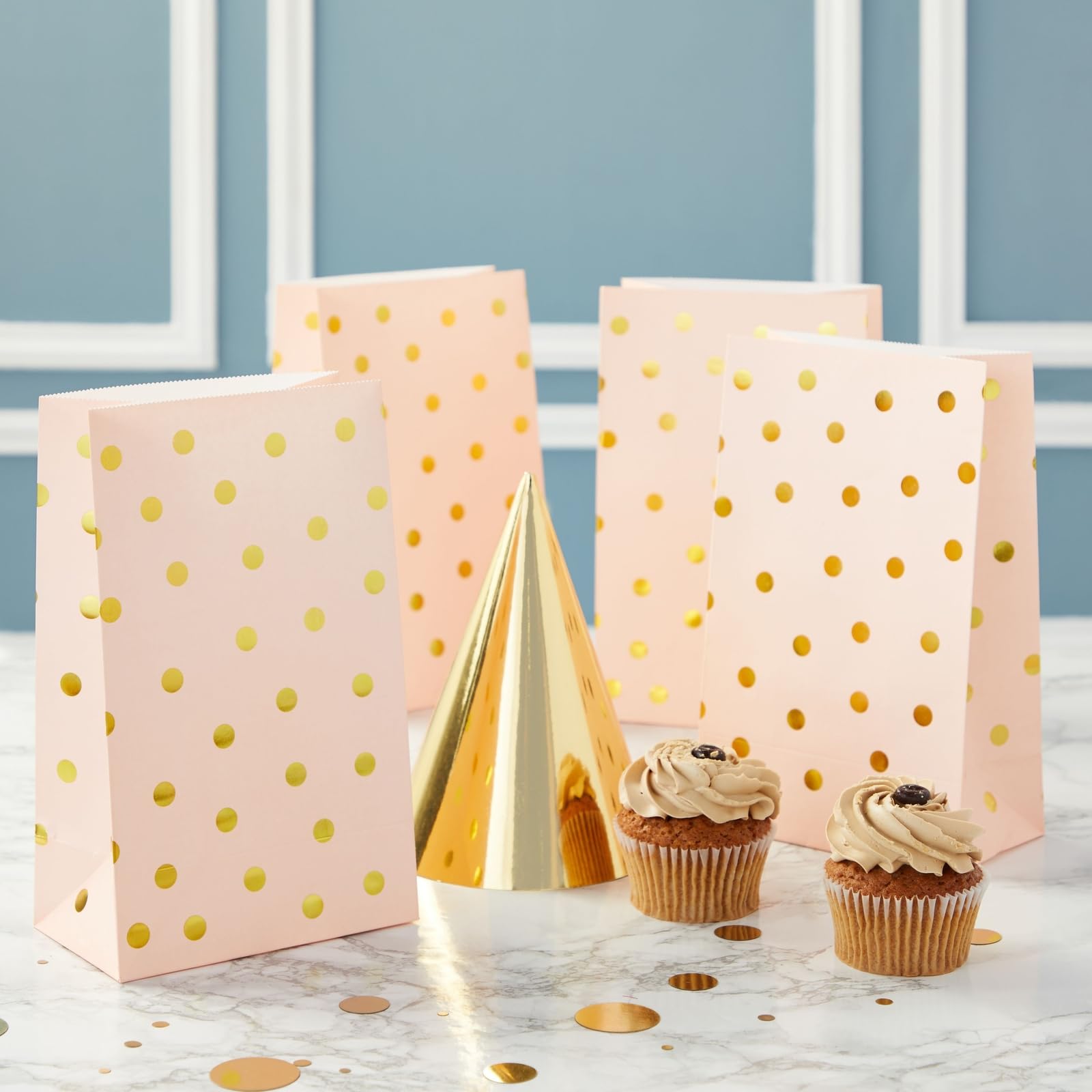 Blue Panda 24 Pack Gold Foil And Pink Paper Bags For Kids Birthday, Girls Baby Shower, Wedding Themed Party Favors (5.5 X 8.6 X