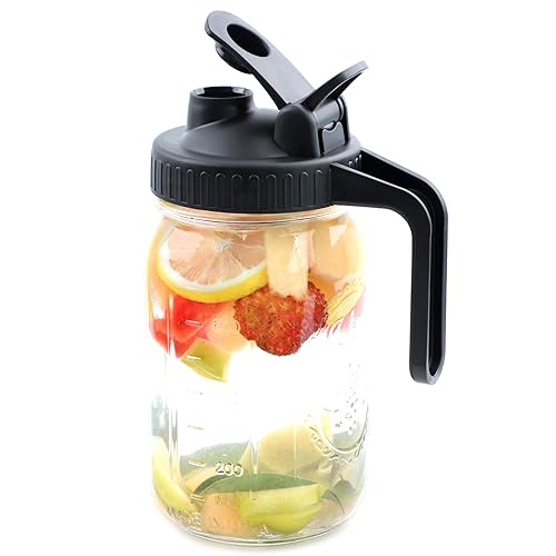Wide Mouth Mason Jar Pitcher 32 Oz With Pour Spout And Handle Airtight Leak-Proof Glass Pitcher With Flip Lids For Iced Tea, Mil
