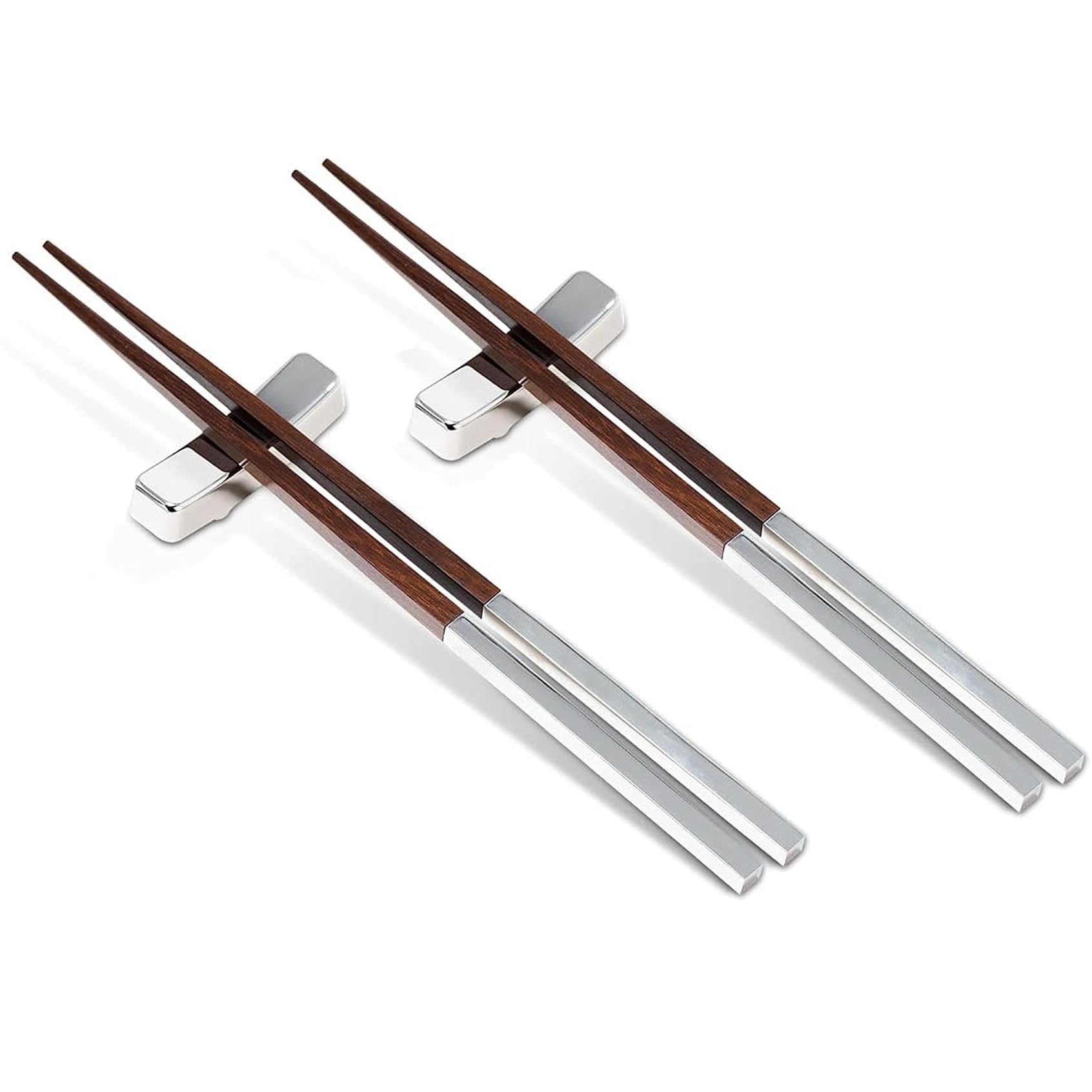Natico Originals Silver Metal And Wood Chopsticks Set | Set Of 2 Pairs W/ 2 Rests | Gift Set, Gift Packaged | Reusable (60-603Se