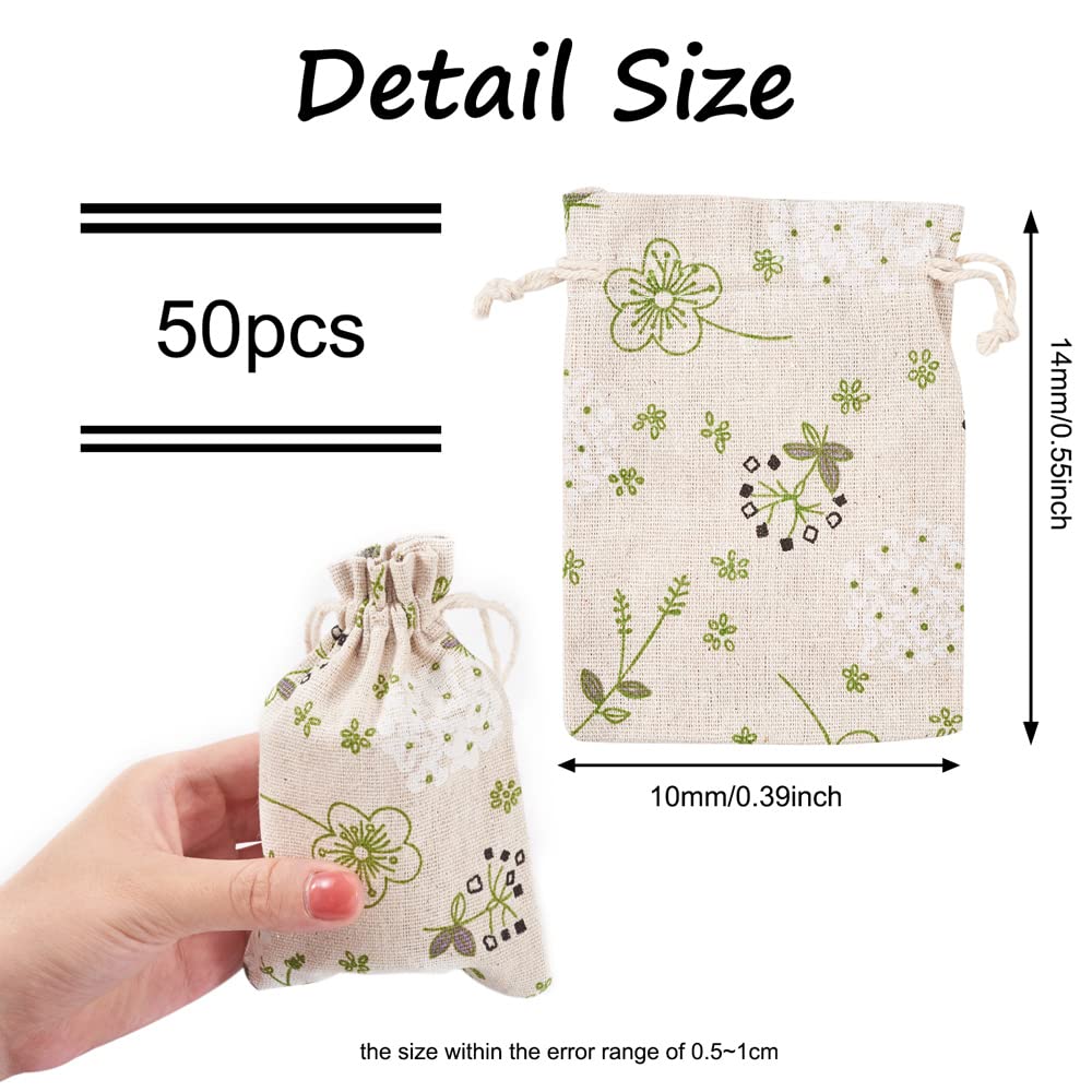 Kissitty 50 Pack Cotton Cloth Storage Bags With Drawstring 5.5X3.9 Inch Flower Printed Reusable Jewelry Gift Pouches For Wedding