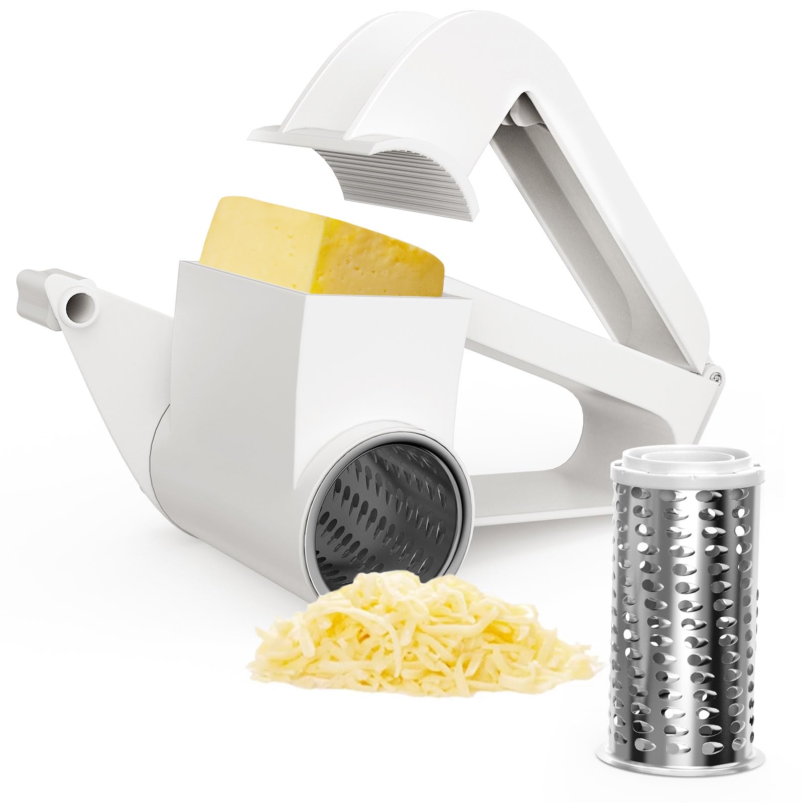 Cheese Grater With Handle, Rotary Cheese Grater,Vegetable, Chocolate, Hard Cheese & Nut Grater, White