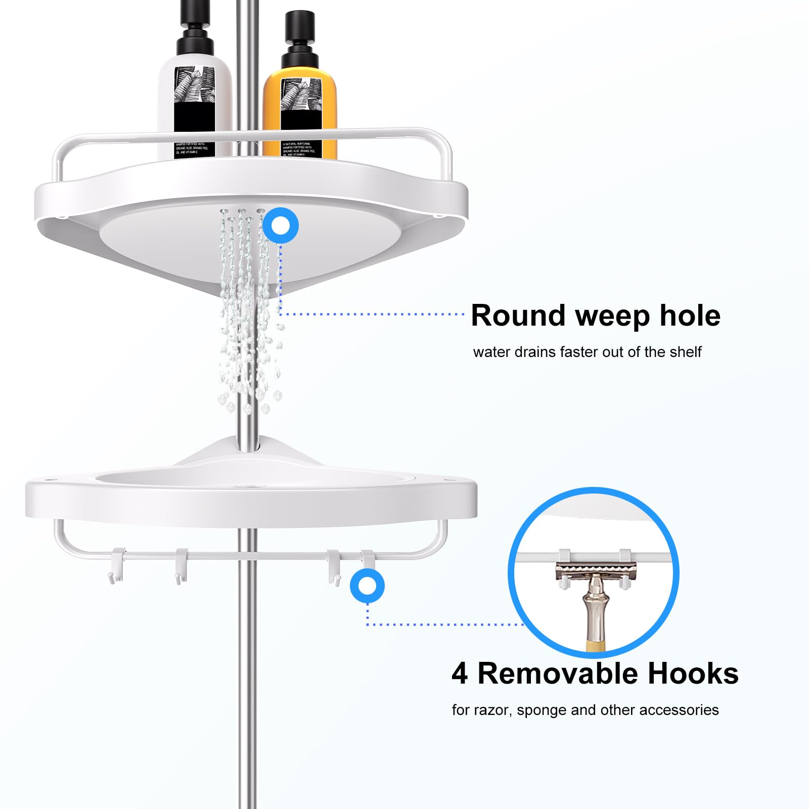 Corner Shower Caddy Tension Pole: Adjustable Stainless Steel Shower Organizer with 4 Tier Shelf for Bathroom Bathtub Tub Shampoo - Floor Standing Rack Bath Storage Holder with Rust Proof Rods