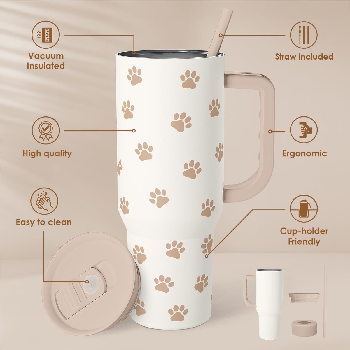 Paw Print Tumbler with Handle, Gifts for Dog Mom, Stainless Steel Insulated Tumblers Coffee Travel Mug Cup, Gift for Women Girls