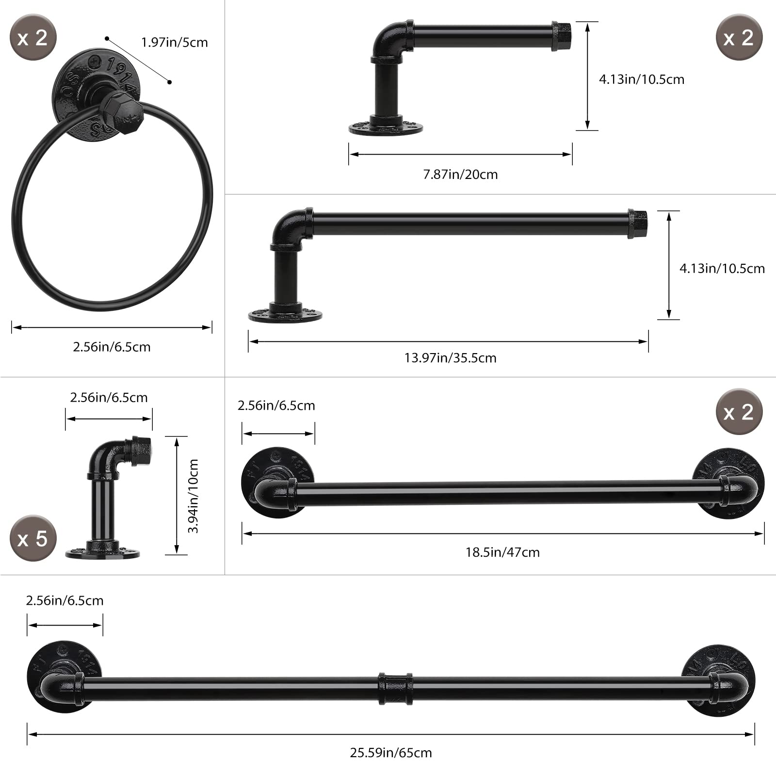 13-Pieces Towel Bar Set Black Bathroom Hardware Set Industrial Pipe Bath Towel Rack Accessories Kit Wall Hand Towel Bar  Toilet Paper Holder  Towel Ring  Robe Towel Hooks  Kitchen Tissue Paper Hanger