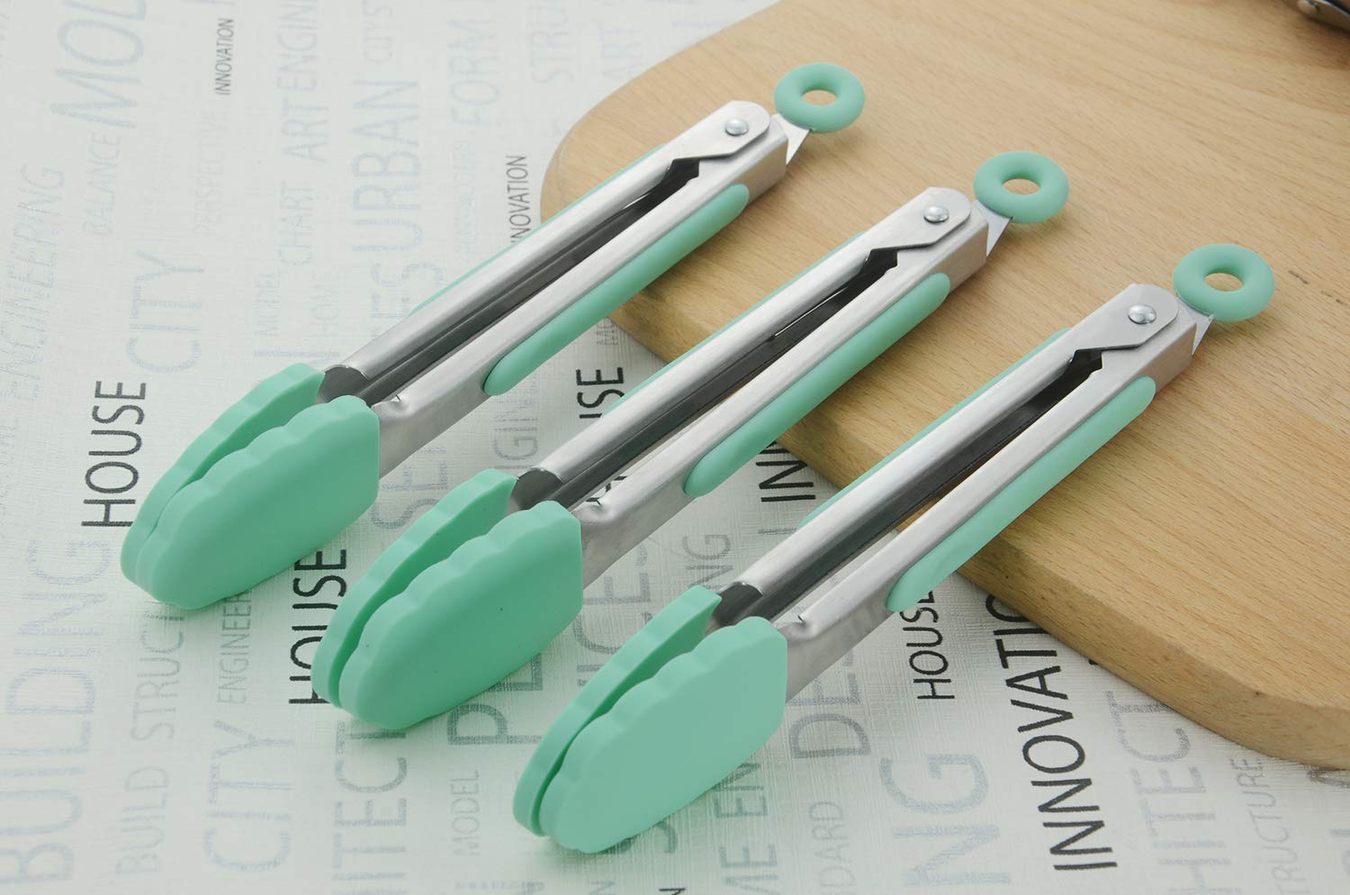 Hinmay Small Appetizer Tongs 7-Inch Silicone Tipped Kitchen Tongs, Set Of 3 (Mint)