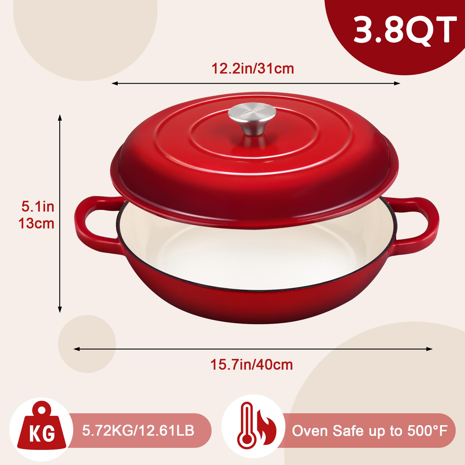Overmont Enameled Cast Iron Dutch Oven - 3.8 Quart Dutch Oven Pot With Lid - Shallow Cookware Braising Pan - Cast Iron Casserole