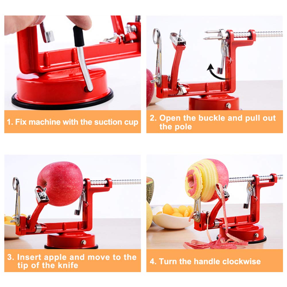 Apple Peeler  Stainless Steel Apple Corer Slicer Peeler  Durable Heavy Duty Die Cast Magnesium Alloy Apple Peeler Slicer Corer with Suction Base(vermilion)
