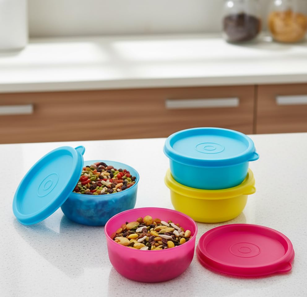 Mastercook Pp300 Food Storage Containers, 100Ml, Set Of 4, MultiColour, Round With SnapOn Lids