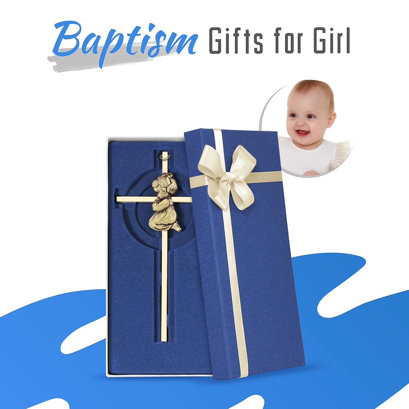 Tryuunion Baby Wall Cross Baptism and Christening Gifts for Girl, 7-inch Olive Golden Blessing Catholic Girl Baptism Crosses for