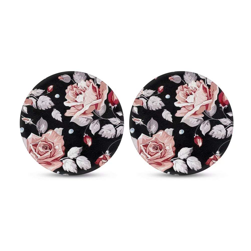 Afpanqz Vintage Flowers Car Coasters, 2 Pack, Black Pink, 2.75'' Round, Nylon With Rubber Bottom