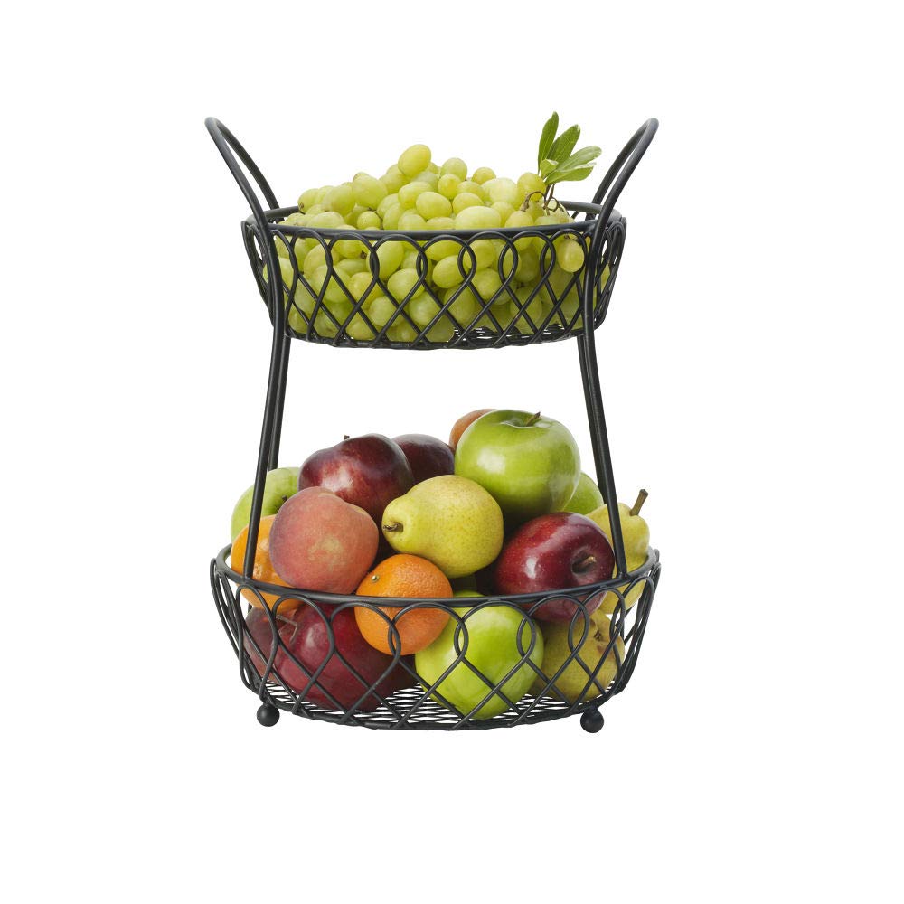 Gourmet Basics by Mikasa Loop and Lattice 2 Tier Divided Round Basket  Black