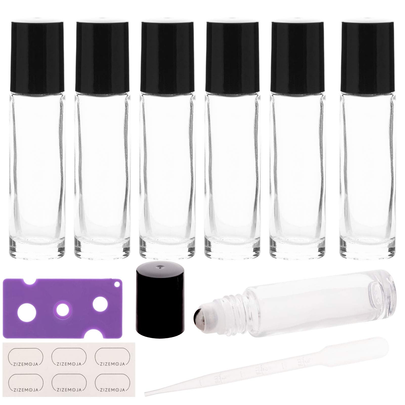 Zizemoja 6Pcs 10Ml Essential Oil Roller Bottles, With Stainless Steel Roller Balls, 10Ml Clear Glass Roll On Bottles For Essenti
