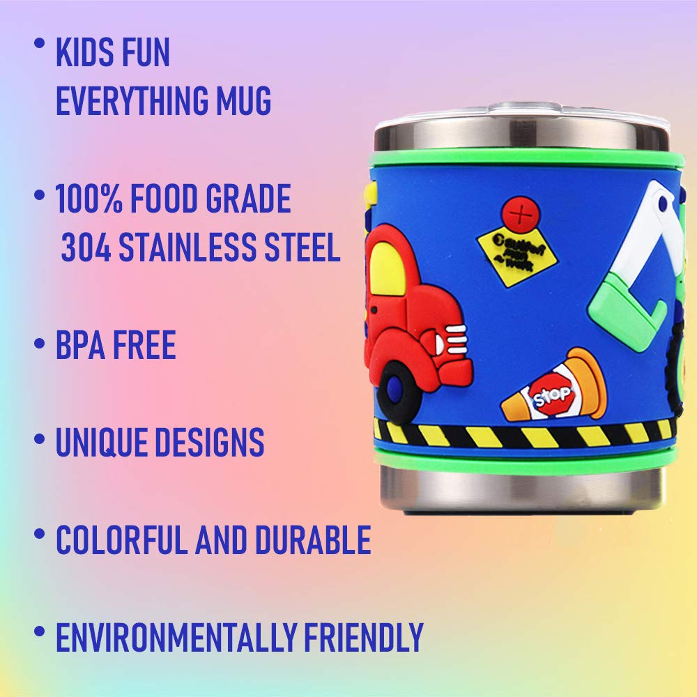 F-32 12 Oz Kids Stainless Steel Trucks 3D Mug With 2 Pack Slider Closure Lids - Eco-Friendly - Bpa Free Signature Collection (Tr