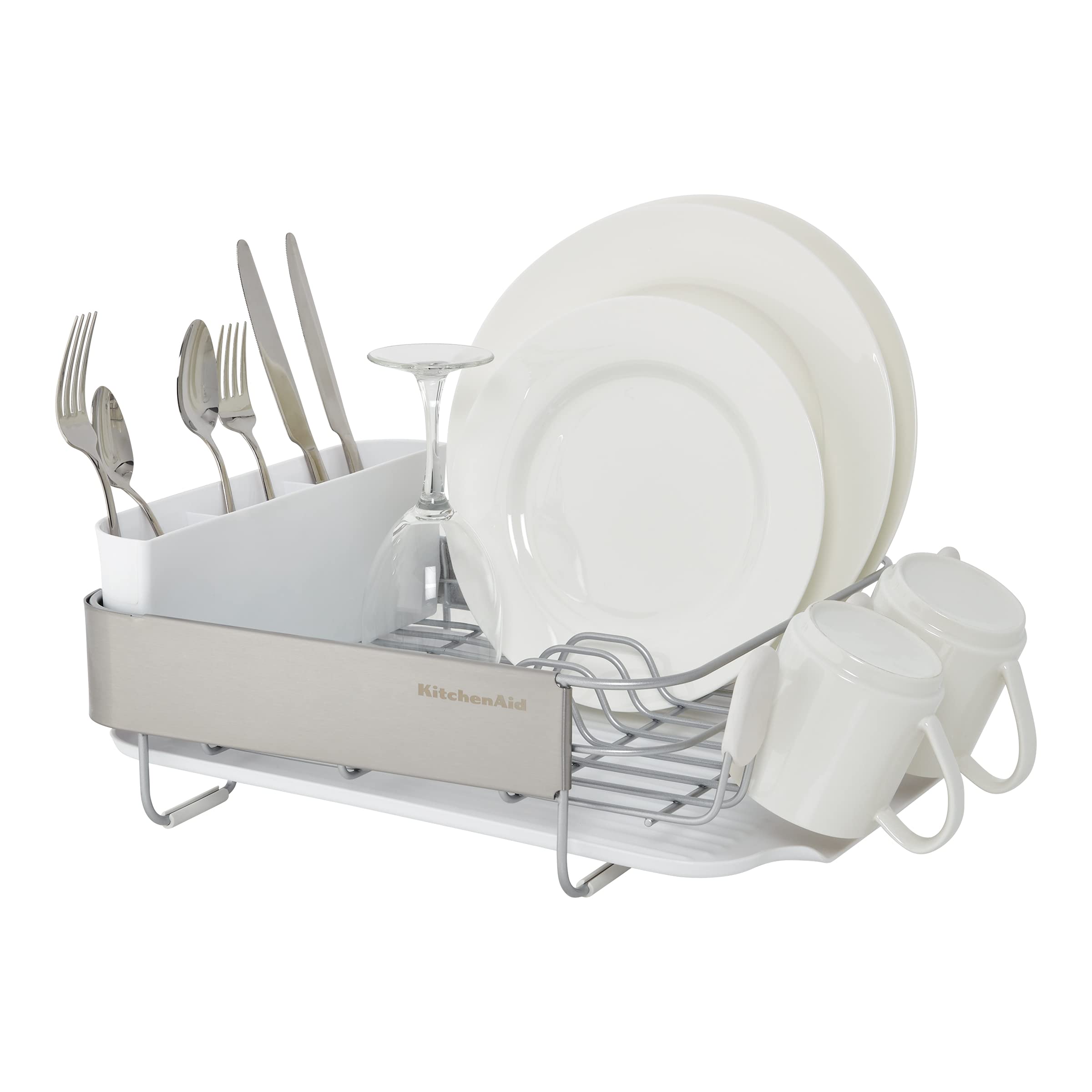 Kitchenaid Compact Satin Wire Rust Resistant, Expandable Dish Rack With Angled Self Draining Drainboard With Removable Flatware
