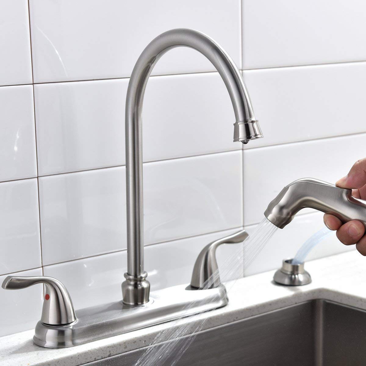 Shaco Stainless Steel Two Handle Kitchen Faucet With Sprayer,High Arch 360 Swivel Kitchen Faucet Side Sprayer For Sink 3 Hole 4