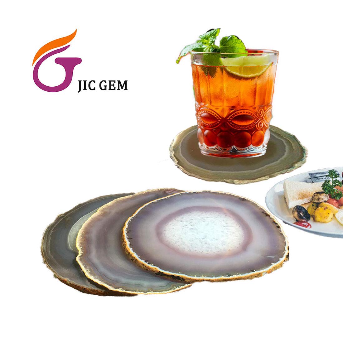 Jic Gem Natural Sliced Agate Coaster With Rubber Bumper Set Of 4 (3-3.5'', Natural)