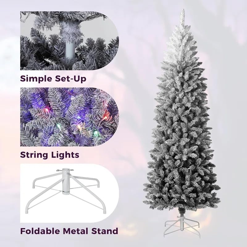 7.5ft Snow Flocked Pencil Christmas Tree with Black Gradient, Slim Artificial Xmas Tree on Sturdy Metal Stand, Skinny Holiday De