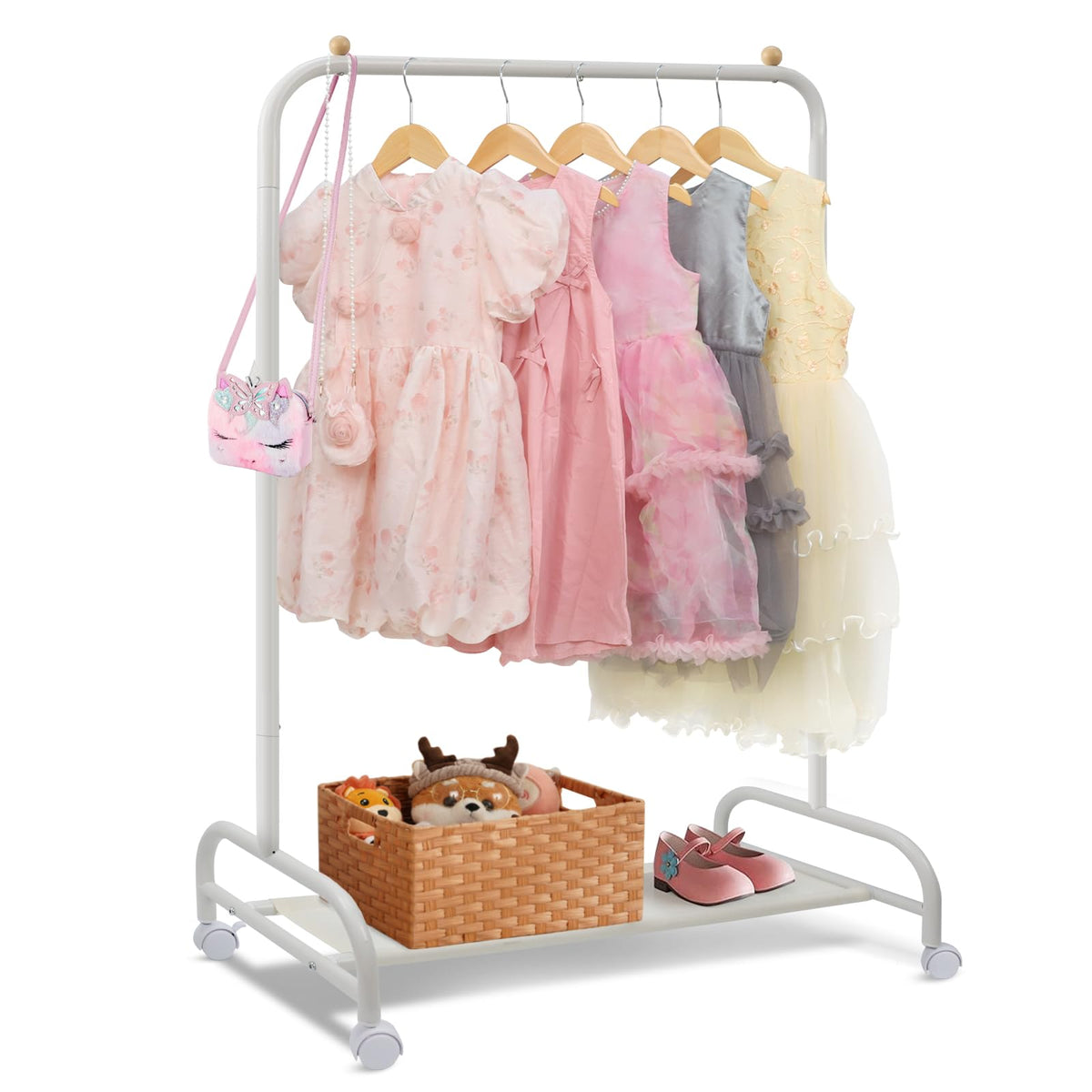 Ygjt Kids Clothing Rack, Baby Clothes Rack For Hanging Clothes With Wheels And Bottom Storage Shelf, Small Toddler Garment Rack