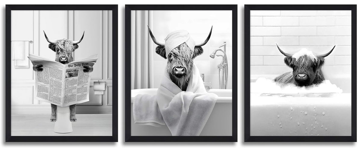 Bathroom Decor Wall Art Framed, Funny Highland Cow Wall Art In Toilet ...