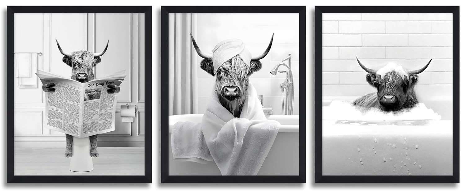 Bathroom Decor Wall Art Framed, Funny Highland Cow Wall Art In Toilet, Black And White Cow In Bathroom Picture, Humor Animals Ba