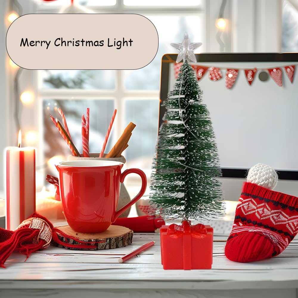 Christmas Decorations-Red Gift Base Mini Artificial Christmas Tree with Colorful LED String Lights and Star, Tabletop Small Xmas