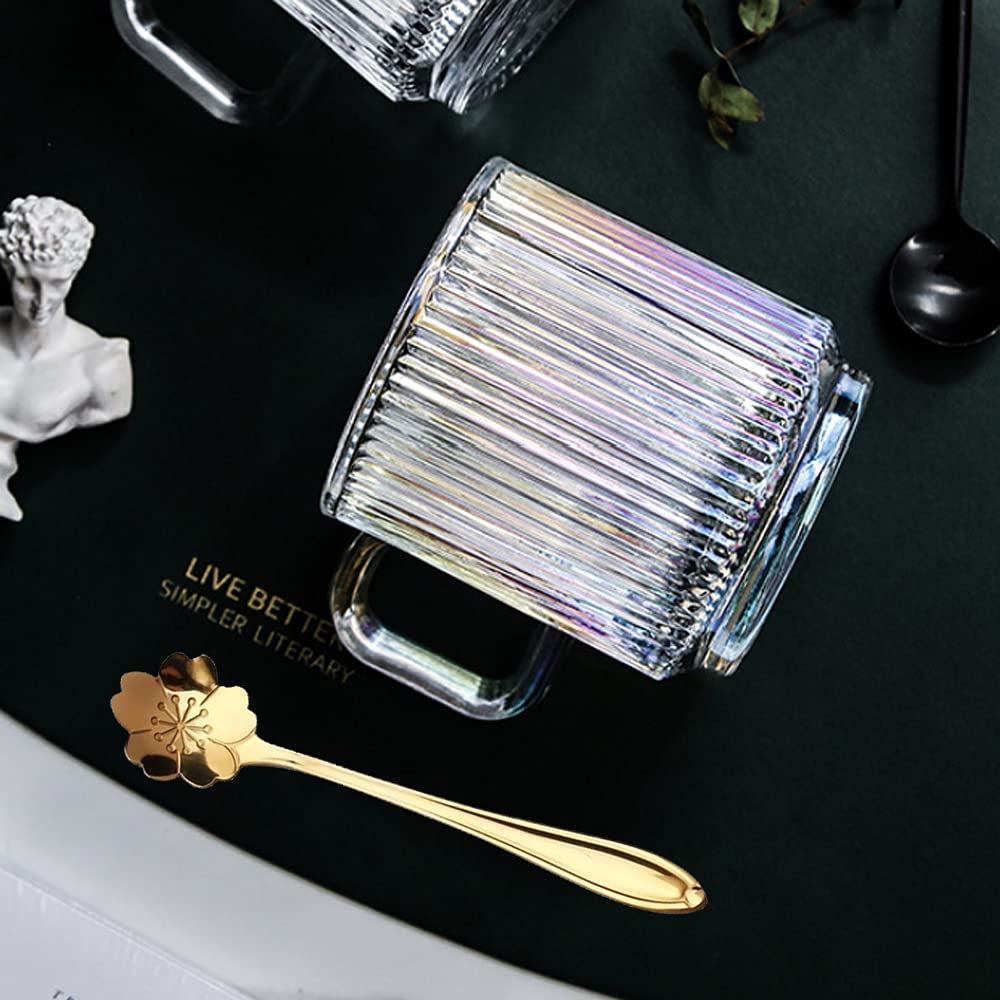 Yalucky Clear Iridescent Coffee Mug With Lid And Sakura Spoon Tea Cups Glass Mugs Pretty Cute Mug For Milk Latte Chocolate Juice