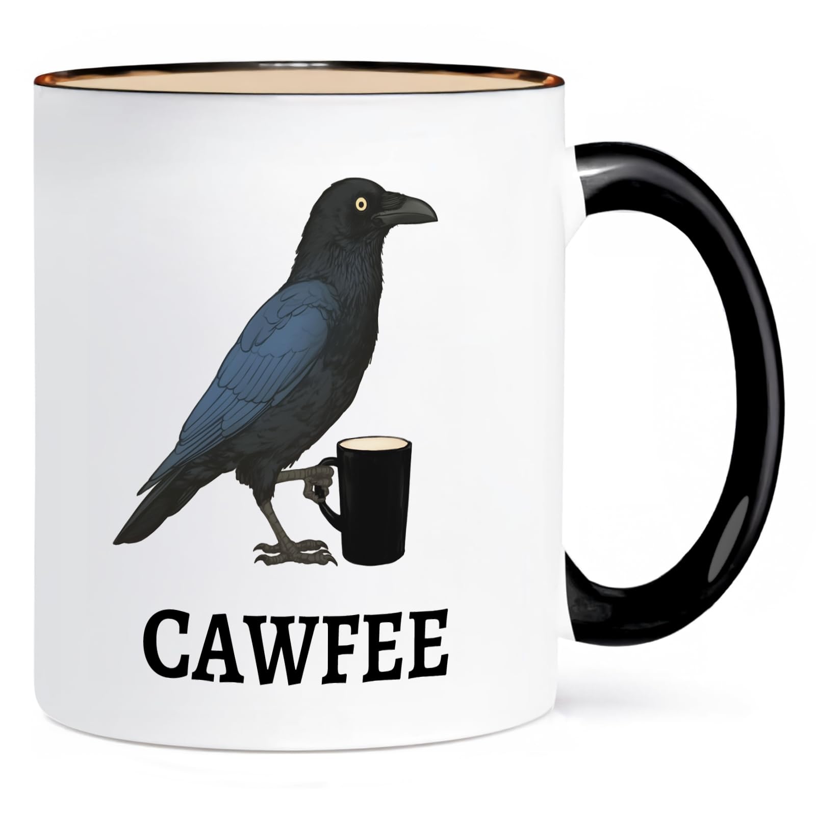 ONRRI 11 Oz Ceramic Mug With Black Interior And Handle, CAWFEE Design, Microwave Safe