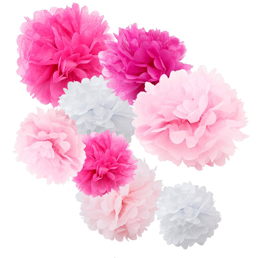 Wyzworks Set Of 8 (Assorted Pink And White Color Pack) 8'' 12'' 14'' Diy Tissue Pom Poms Flower Party Decorations For Weddings,